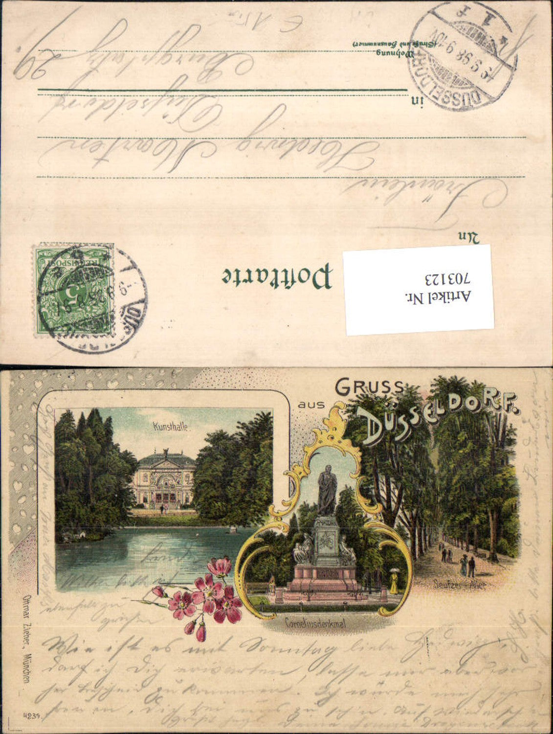 703123 tolle Lithographie Gruss aus Düsseldorf Kunsthalle Seufzer Allee pub Zieher