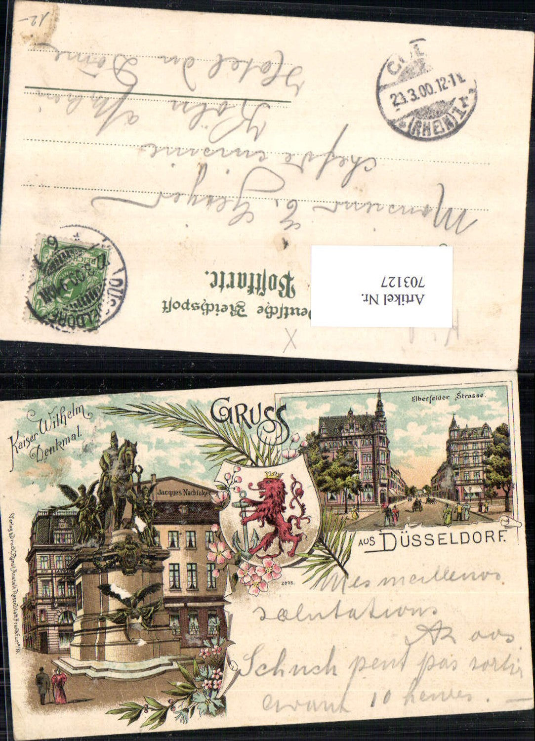 703127 tolle Lithographie Gruss aus Düsseldorf Wappen Elberfelder Strasse Denkmal