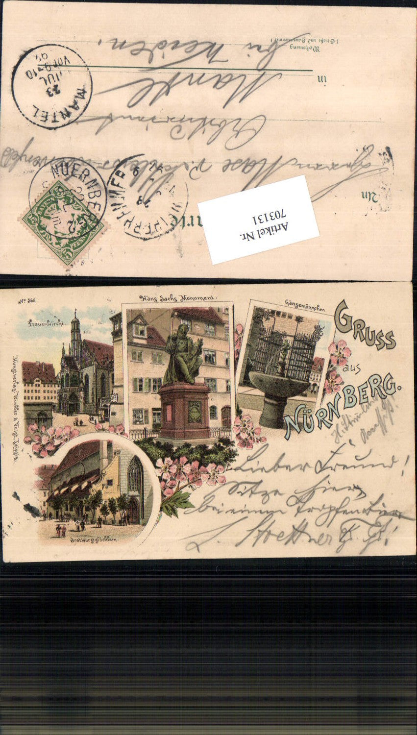 703131 Lithographie Gruss aus Nürnberg Gänsemännchen Frauenkirche Bratwurstglücklein
