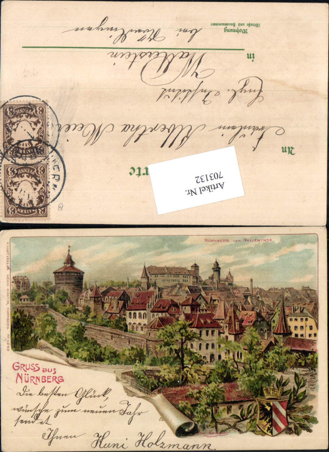 703132 Lithographie Erwin Spindler signiert Gruss aus Nürnberg Hallerthor Wappen