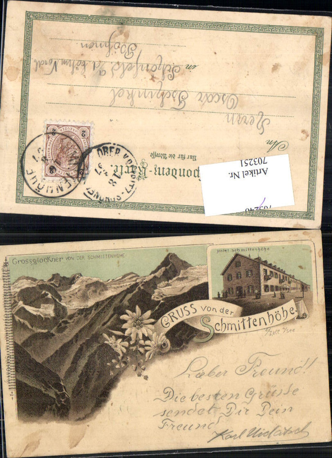 703251 Lithographie Gruss von d. Schmittenhöhe Zell am See Kaprun Grossglockner gel Schönfeld Böhmen