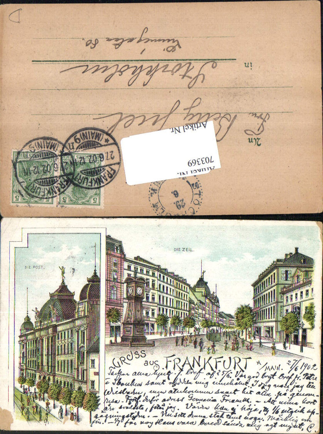 Lithographie Gruss aus Frankfurt am Main Die Zeil Postamt Post Stp. Stockholm Sweden