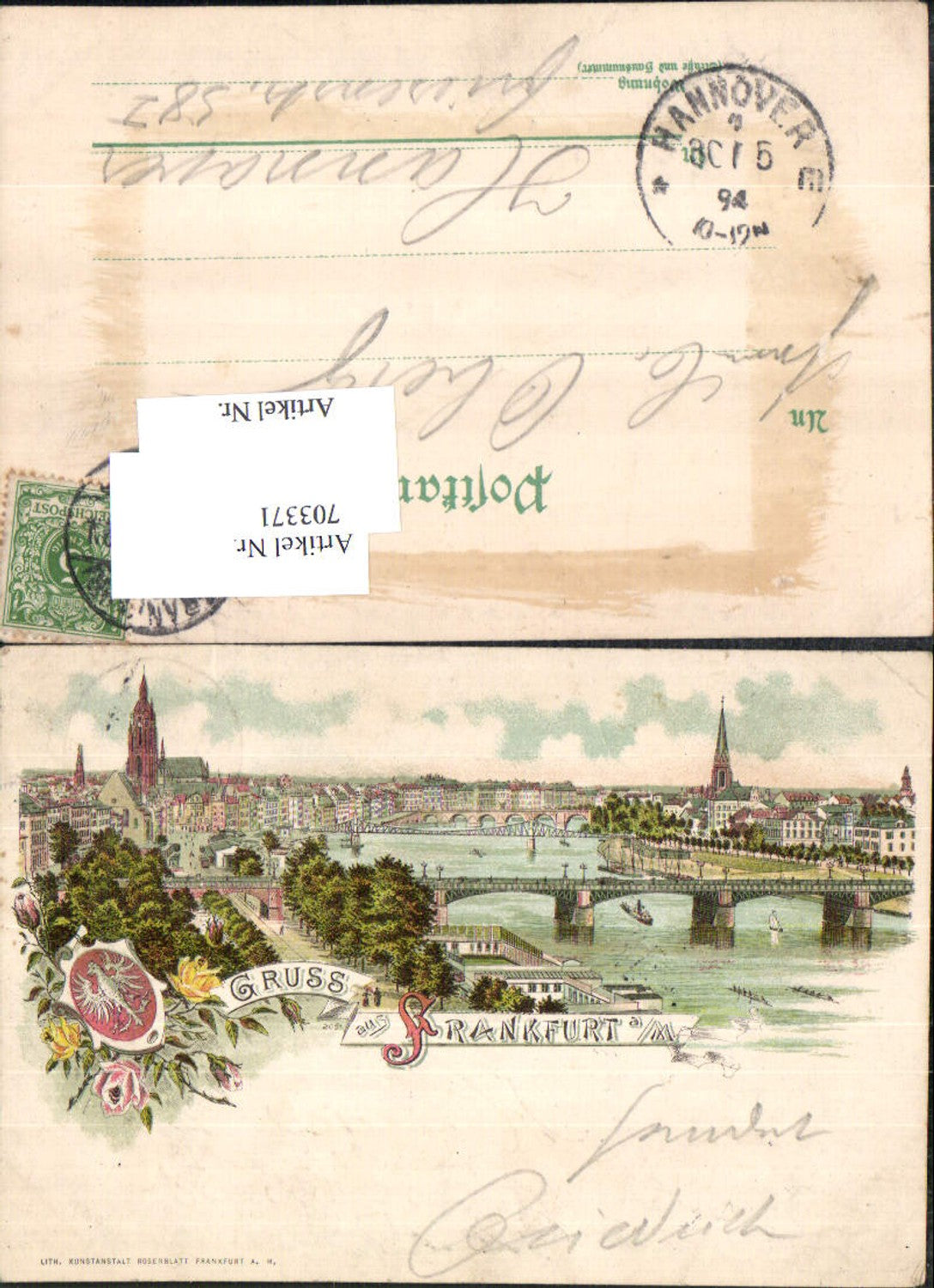 Lithographie Gruss aus Frankfurt am Main Totale Stp. Hannover