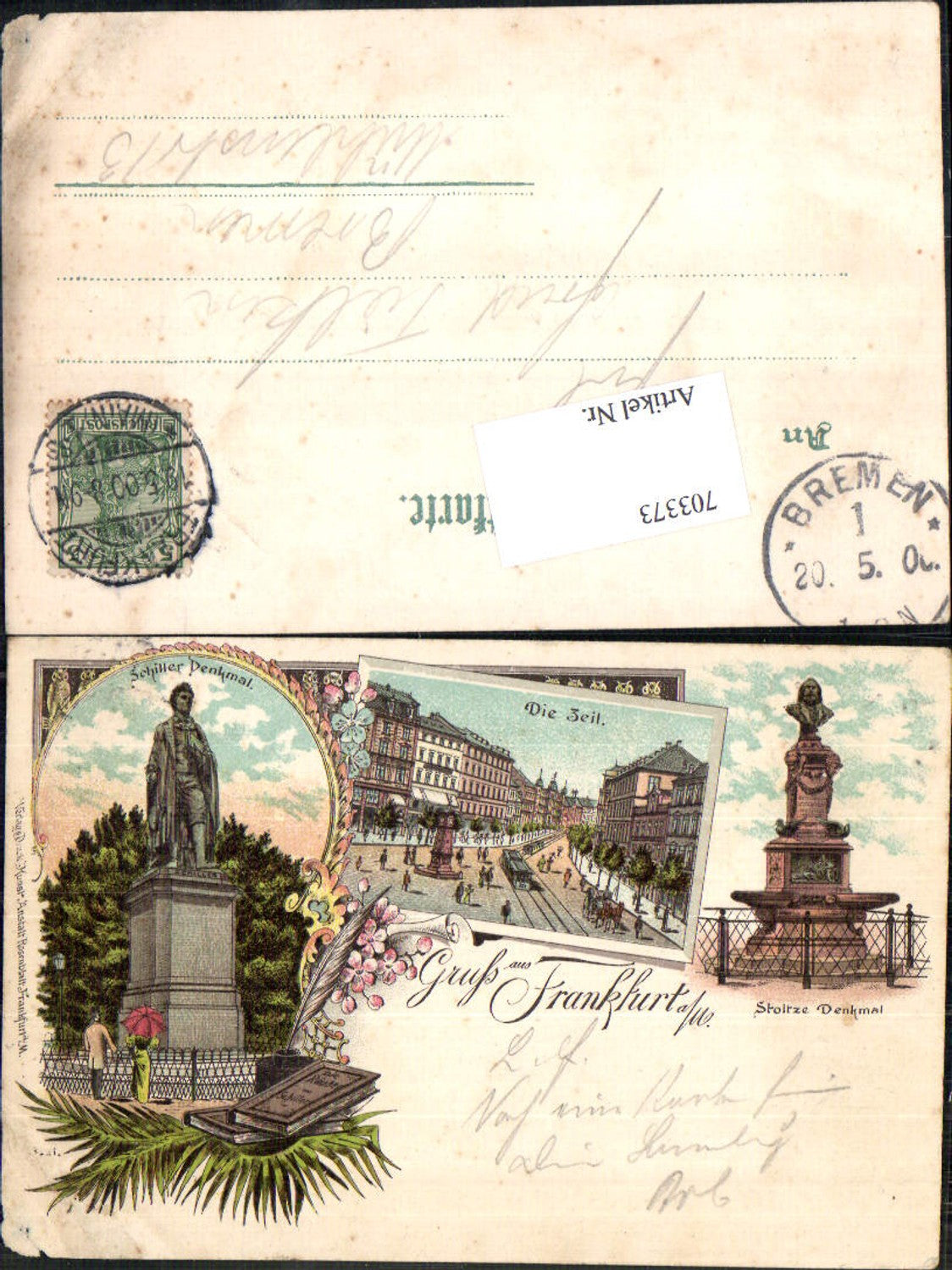 Lithographie Frankfurt am Main Schiller Denkmal Stoltze Denkmal pub Rosenblatt