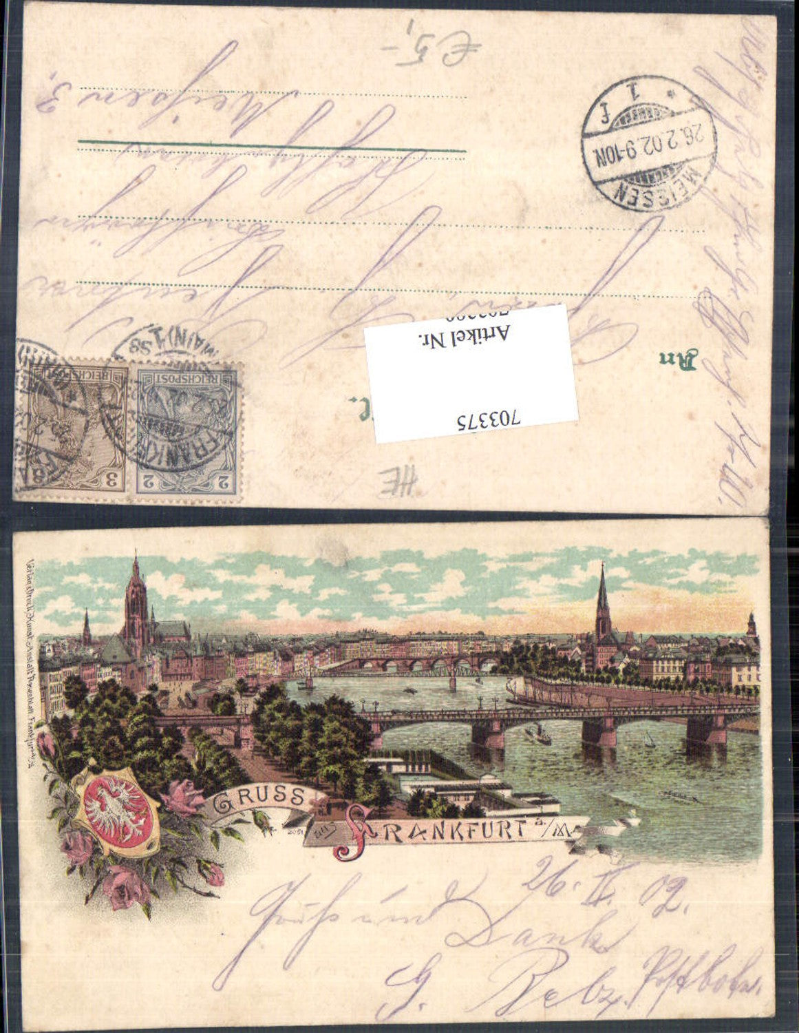 Lithographie Gruss aus Frankfurt am Main Wappen pub Rosenblatt