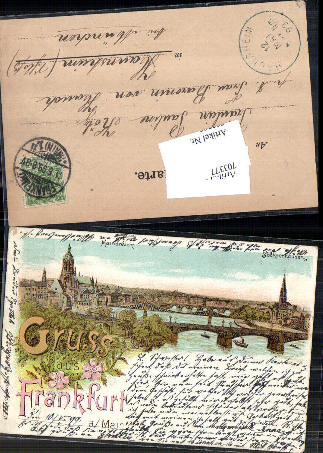 Lithographie Gruss aus Frankfurt am Main Brücke Stp. Haunsheim