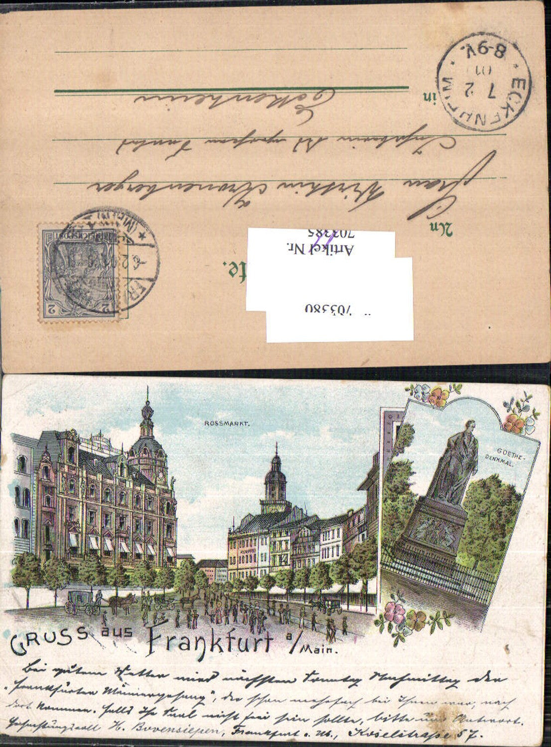 Lithographie Frankfurt am Main Rossmarkt Goethe Denkmal Stp. Eckenheim