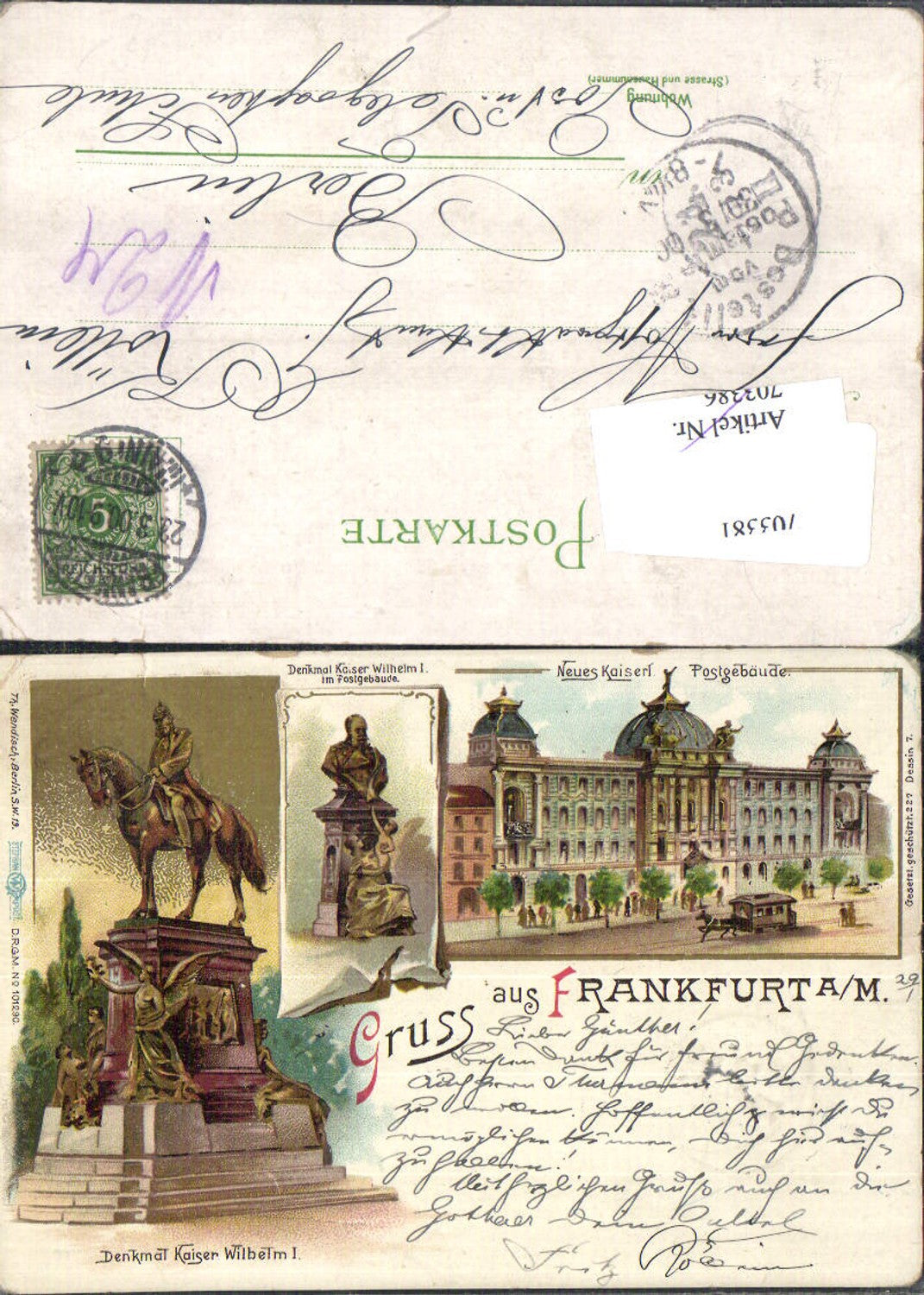 Lithographie Gruss aus Frankfurt am Main Postamt Post Kaiser Wilhelm Denkmal