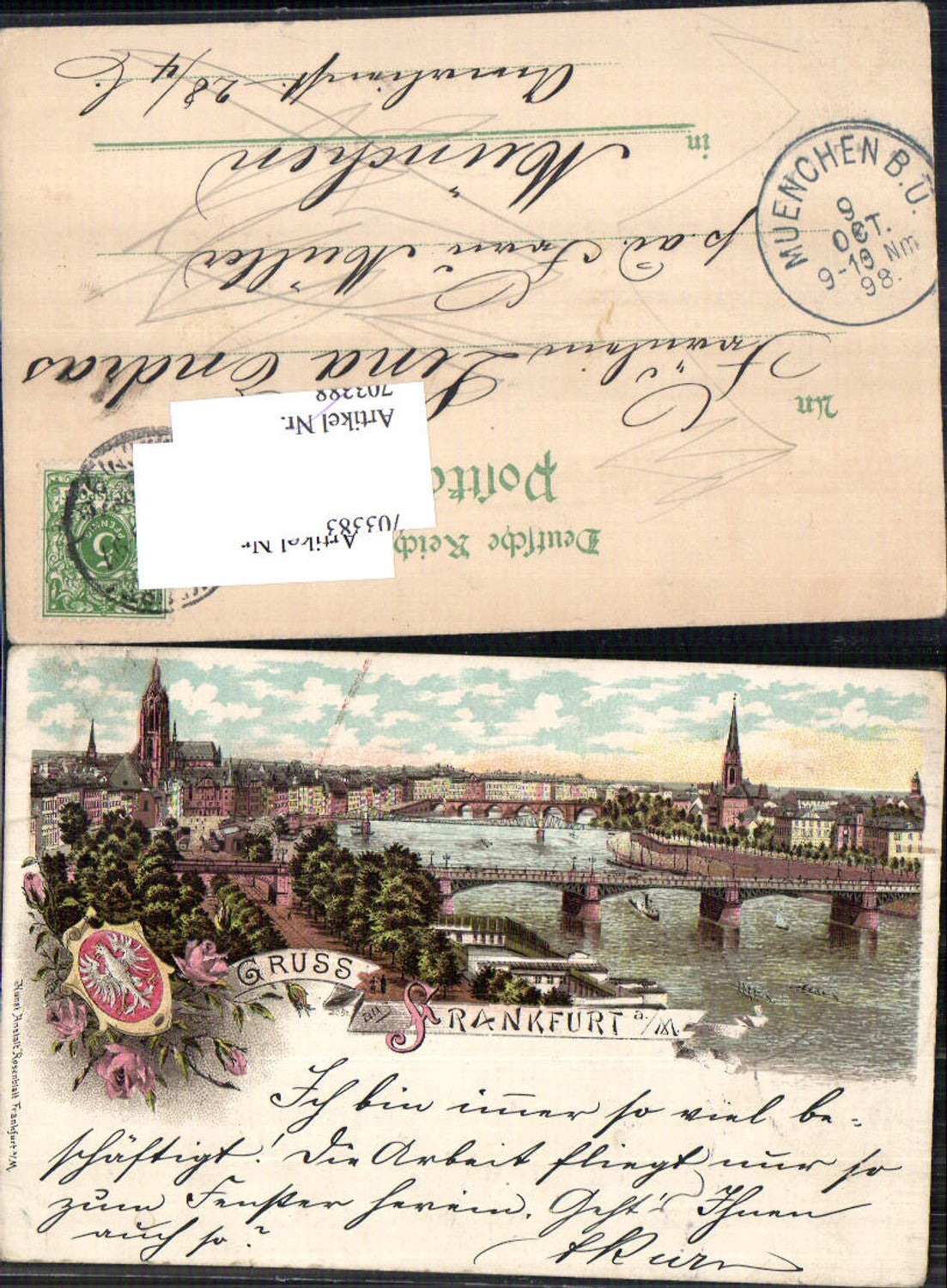 Lithographie Gruss aus Frankfurt am Main brücke Stp. München