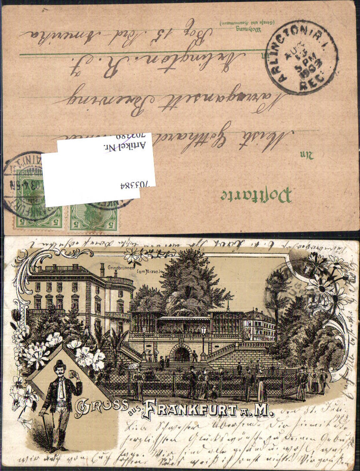 Lithographie Frankfurt am Main Grindbrunnen am Nizza Bier Stp. Arlington USA