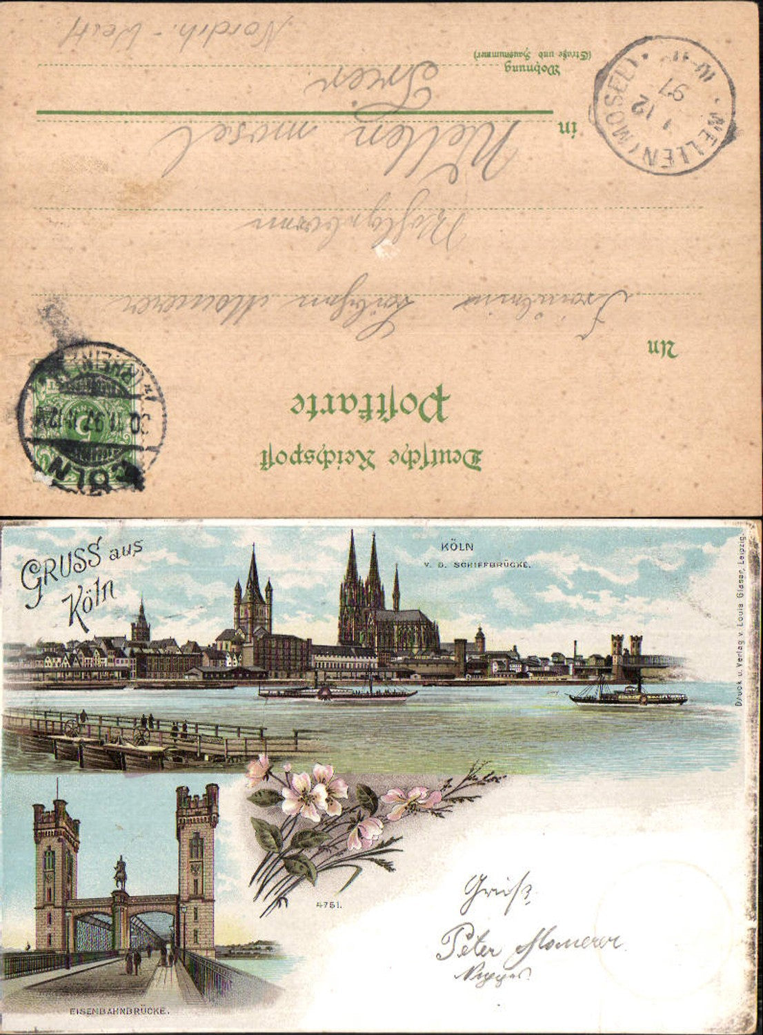 703422 Lithographie Gruss aus Köln am Rhein Eisenbahnbrücke Stp. Wellen Mosel Trier