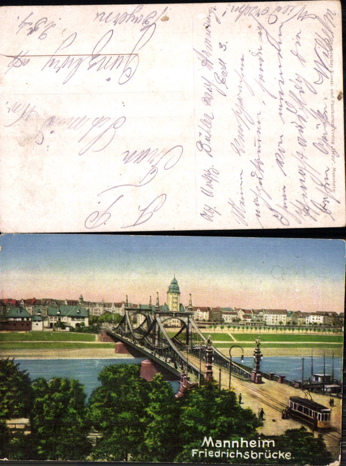 703423 Mannheim Friedrichsbrücke Brücke Straßenbahn gel Günzburg Feldpost