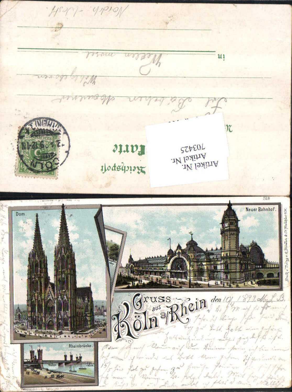Lithographie Köln am Rhein Dom Rheinbrücke Bahnhof gel Wellen Trier Mosel