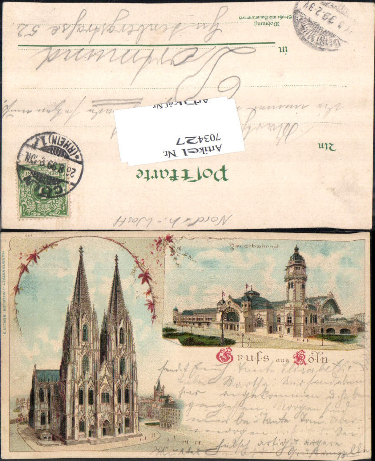 703427 Lithographie Gruss aus Köln am Rhein Bahnhof pub J. Miesler 444