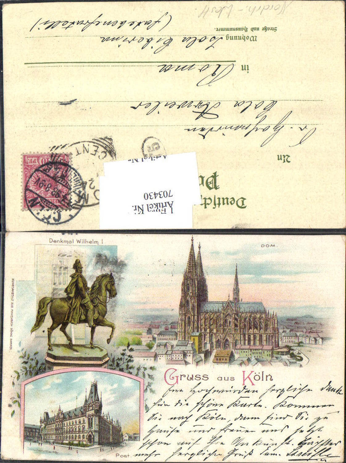 703430 Lithographie Gruss aus Köln am Rhein Dom Denkmal Wilhelm Post Postamt