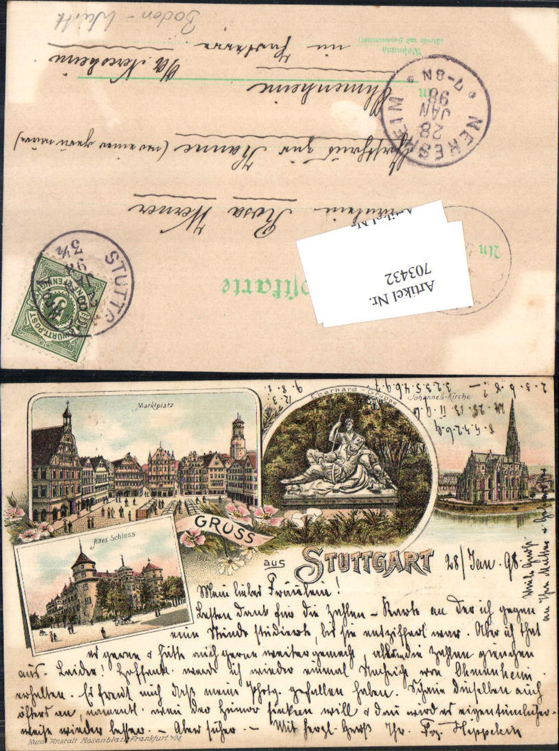 Lithographie Gruss aus Stuttgart Schloss Markt Stp. Neresheim Ohmenheim GH z. Kanne
