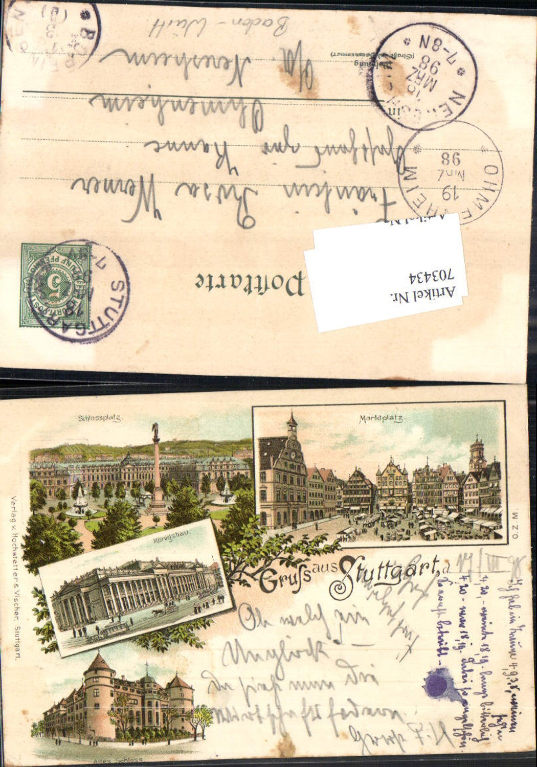 Lithographie Stuttgart Markt Schloss Stp. Ohmenheim Neresheim Gh z. Kanne