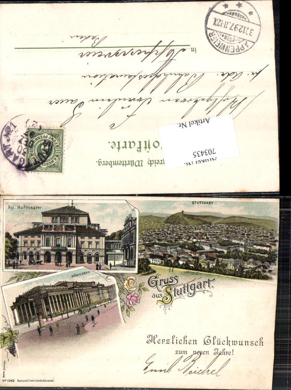 703435 Lithographie Gruss aus Stuttgart Hoftheater Theater pub Lautz & Isenbeck 1262