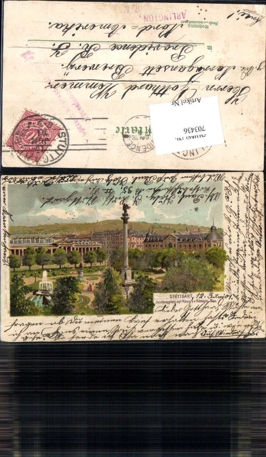 Lithographie Stuttgart Schloss Applikation Glasperlen Stp. Arlington USA Providence