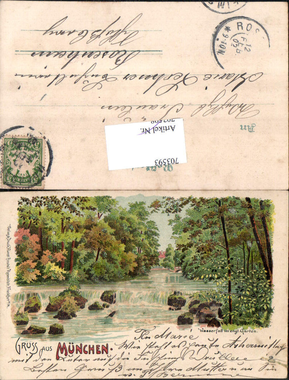 703593 tolle Lithographie München Wasserfall im Garten pub Rosenblatt