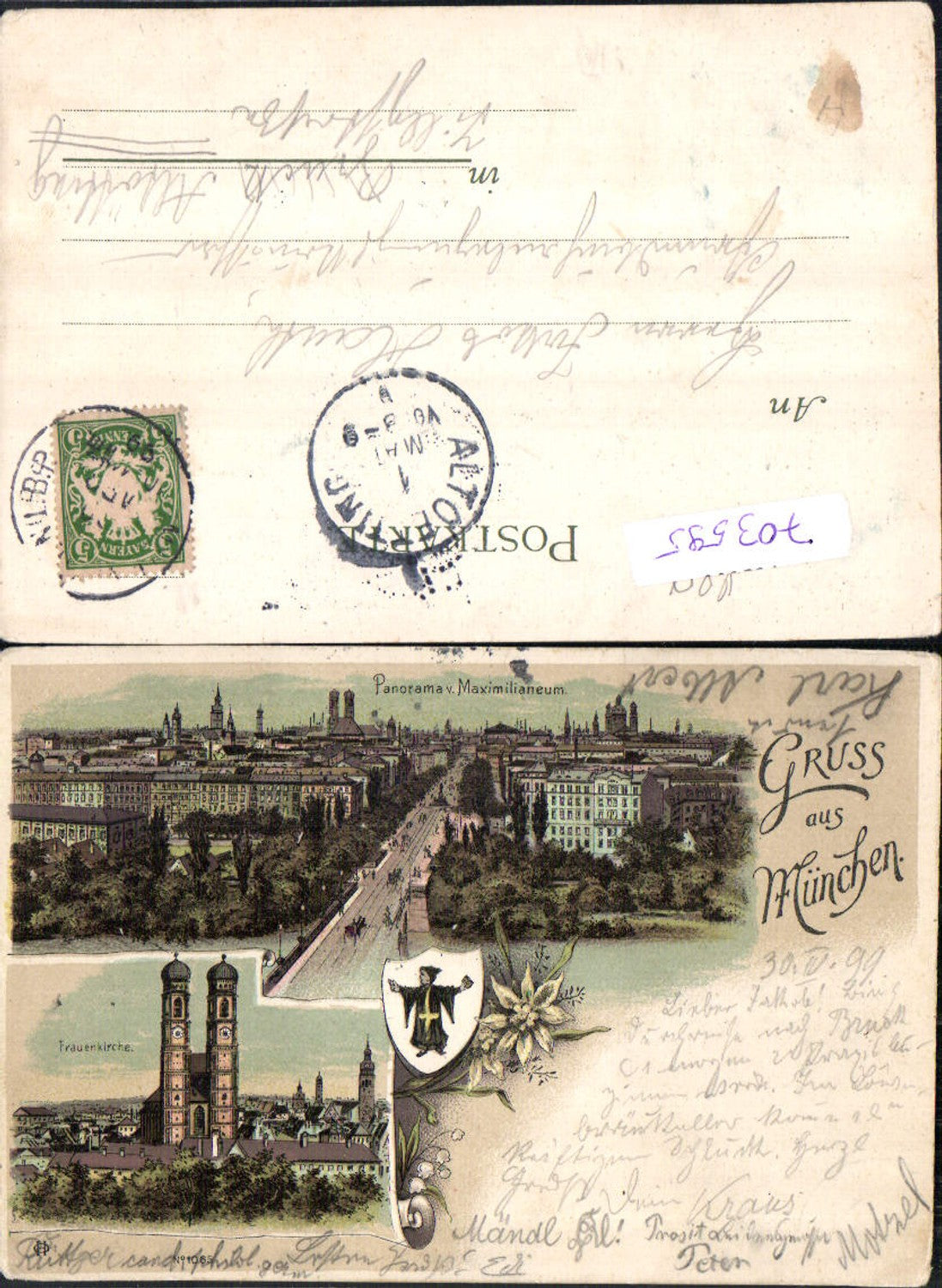 703595 tolle Lithographie München Frauenkirche Wappen