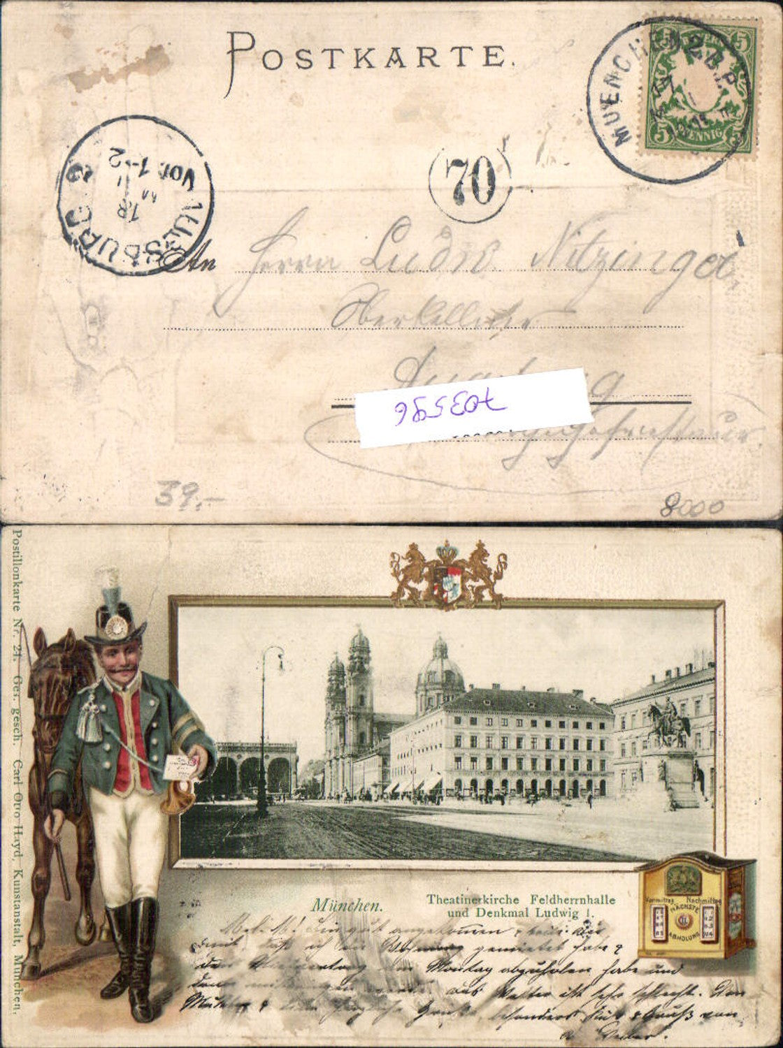 Präge Lithographie München Post Briefträger Postwesen Postkasten Briefkasten Theatinerkirche Postbote