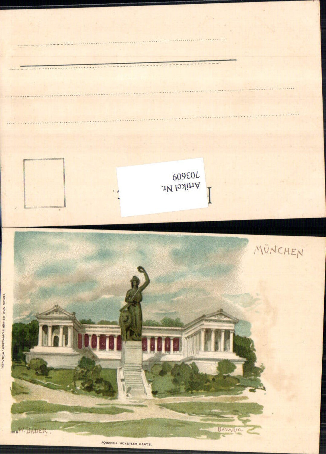 703609 tolle Künstler Lithographie W. Bader München Bavaria Aquarell Künstler Karte