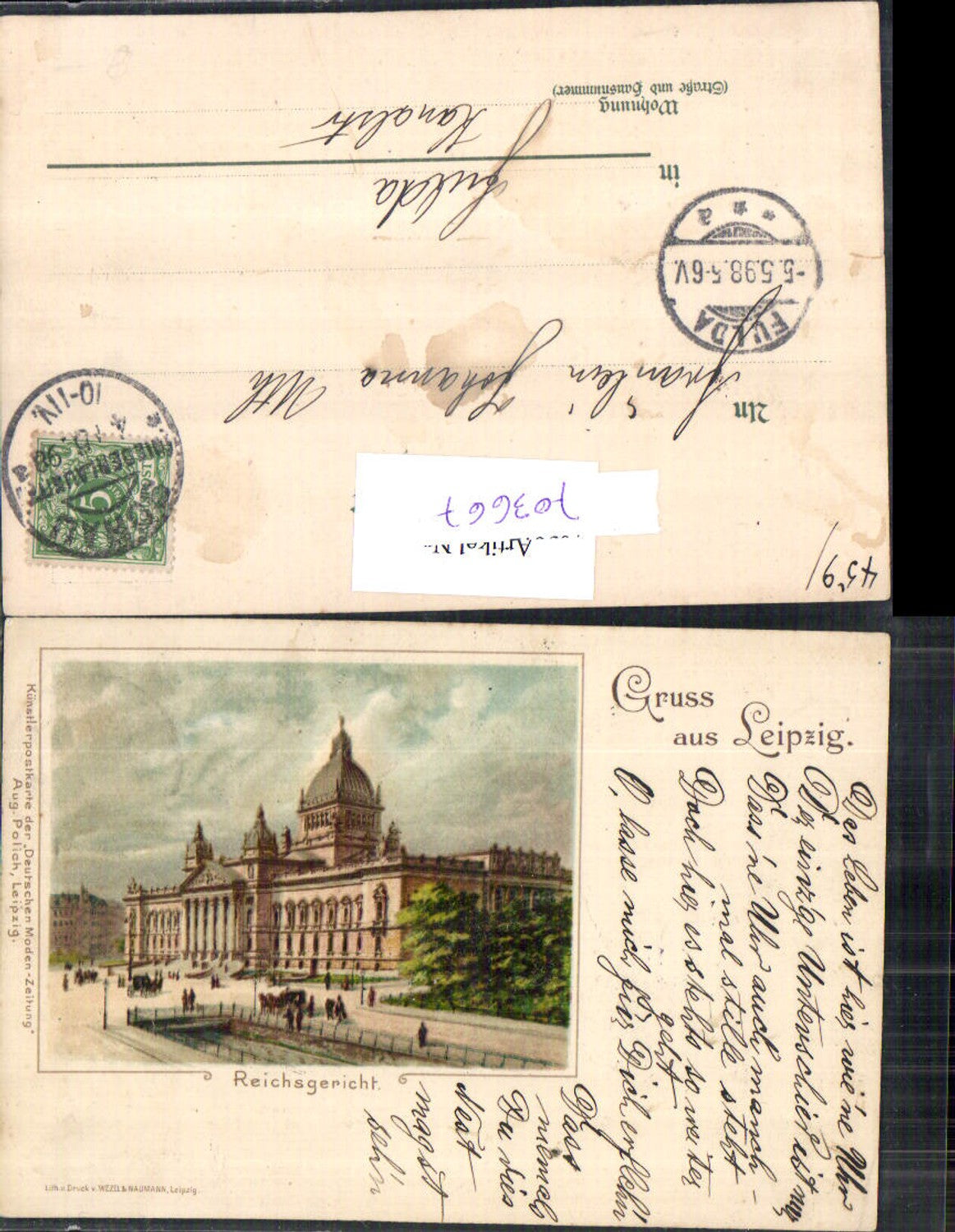 703667 Lithographie Gruss aus Leipzig Reichsgericht pub Wezel & Naumann