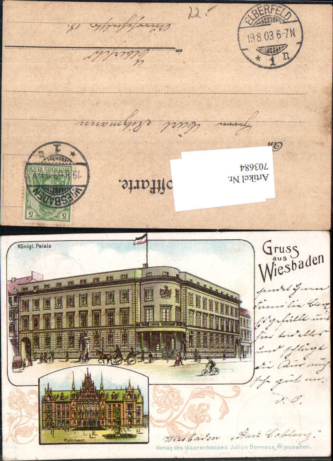 703684 Lithographie Gruss aus Wiesbaden Palais Rathaus Stp. Elberfeld