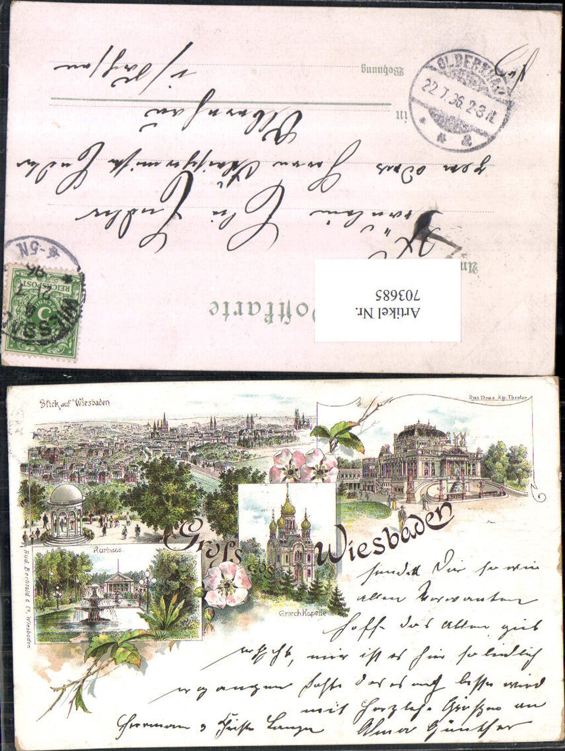 703685 Lithographie Gruss aus Wiesbaden Kurhaus Theater Stp. Olbernhau