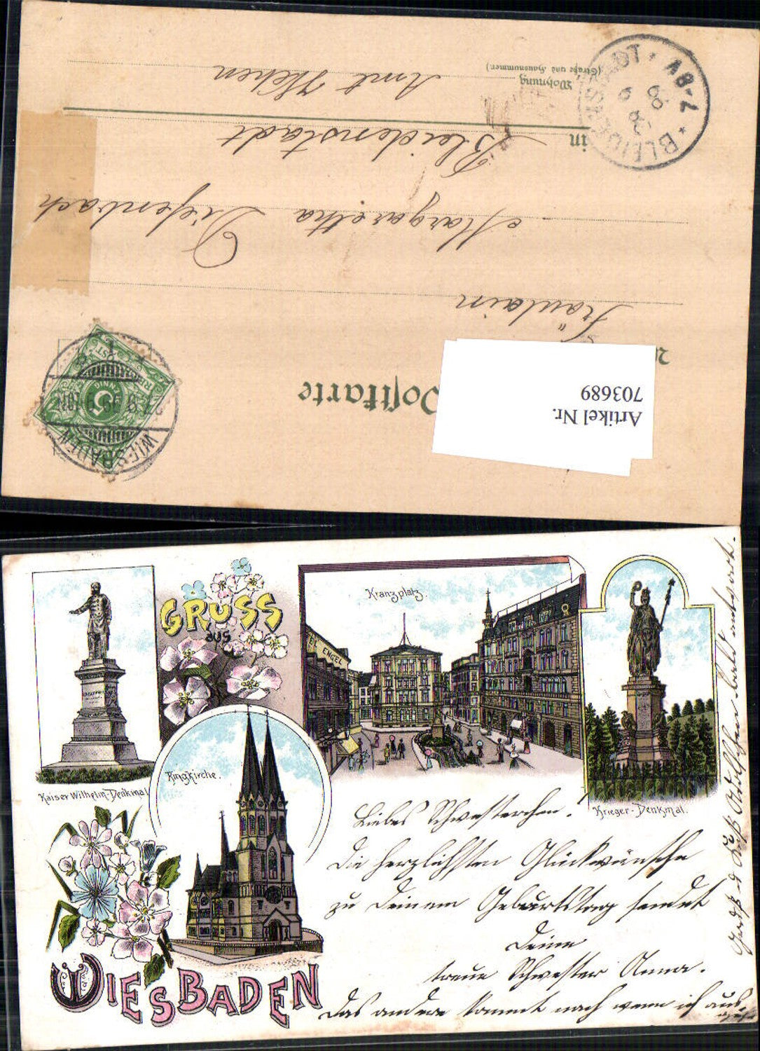 Lithographie Wiesbaden Kranzplatz Krieger Denkmal Stp. Bleidenstadt Wehen