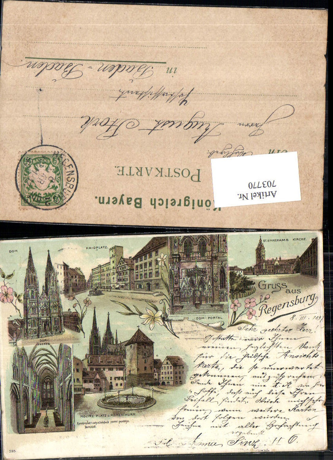 703770 Lithographie Gruss aus Regensburg Haidplatz pub Lautz & Isenbeck 595