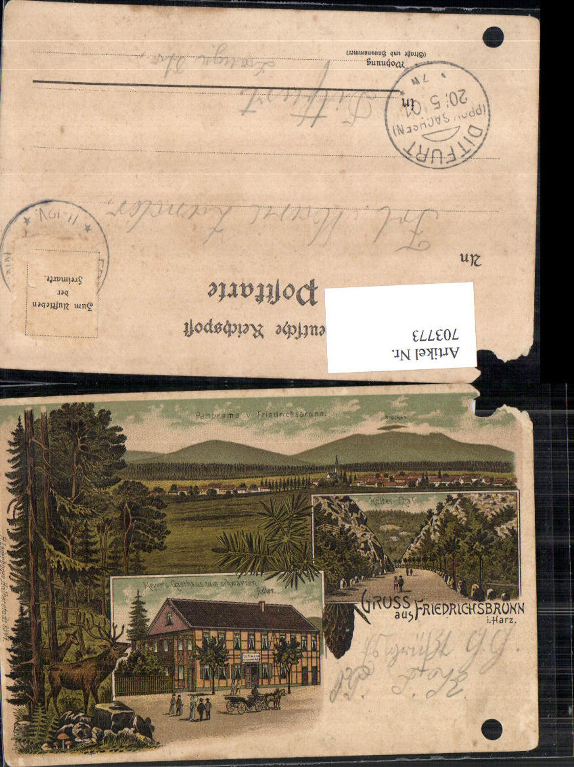 703773 Lithographie Thale Friedrichsbrunn im Harz Gasthaus schwarzen Adler Stp. Ditfurt