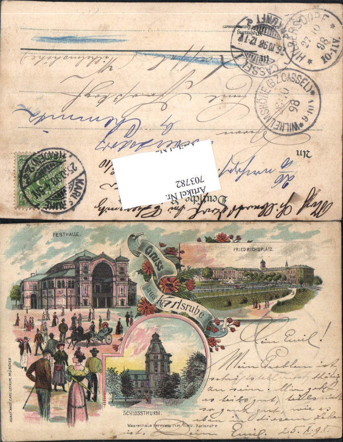 703782 Lithographie Gruss aus Karlsruhe Festhalle Schlossthurm Stp. Wilhelmshöhe Cassel