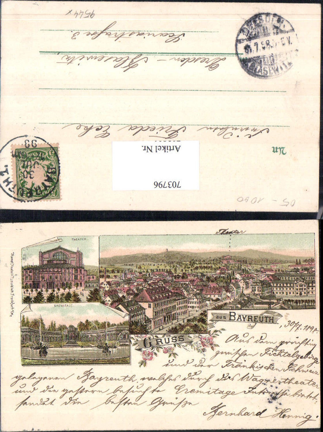 703796 Lithographie Gruss aus Bayreuth Theater Eremitage pub Rosenblatt