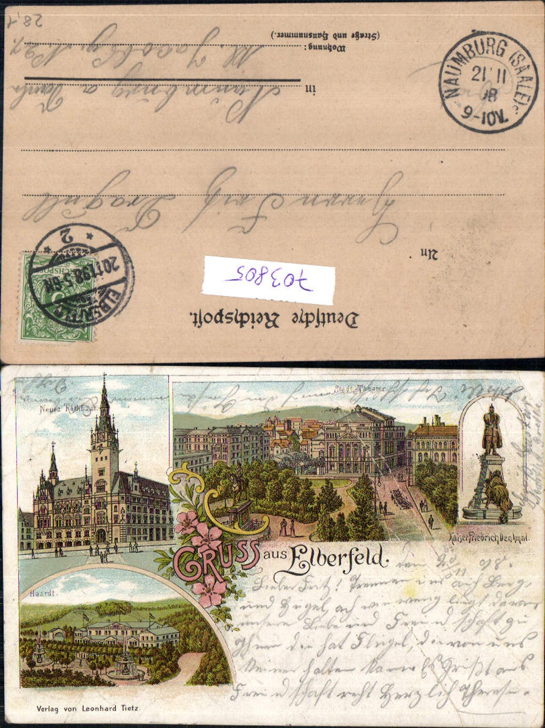 703805 Lithographie Gruss aus Elberfeld Wuppertal Rathaus Stp. Naumburg Saale