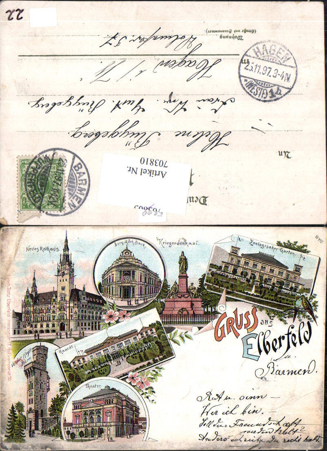 703810 Lithographie Gruss aus Elberfeld Barmen Wuppertal Rathaus Theater