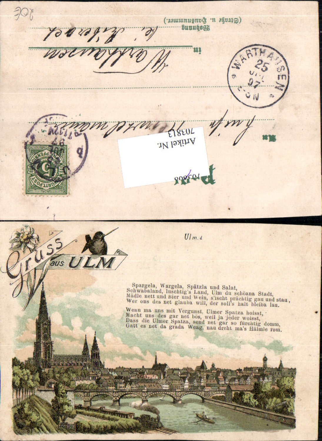 703813 Lithographie Gruss aus Ulm Spruch Stp. Warthausen Biberach 1897