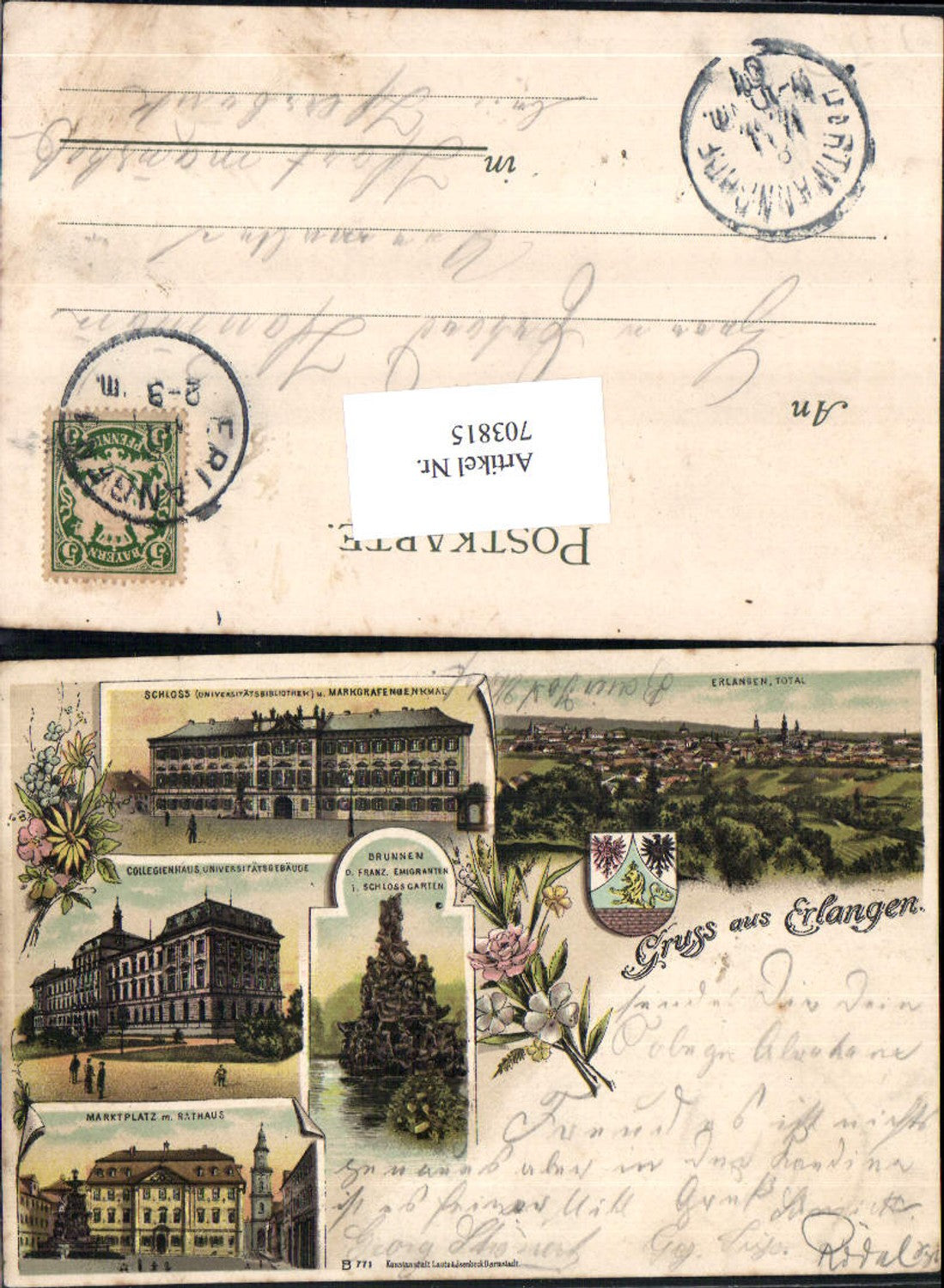 703815 Lithographie Gruss aus Erlangen Stp. Hartmannshof