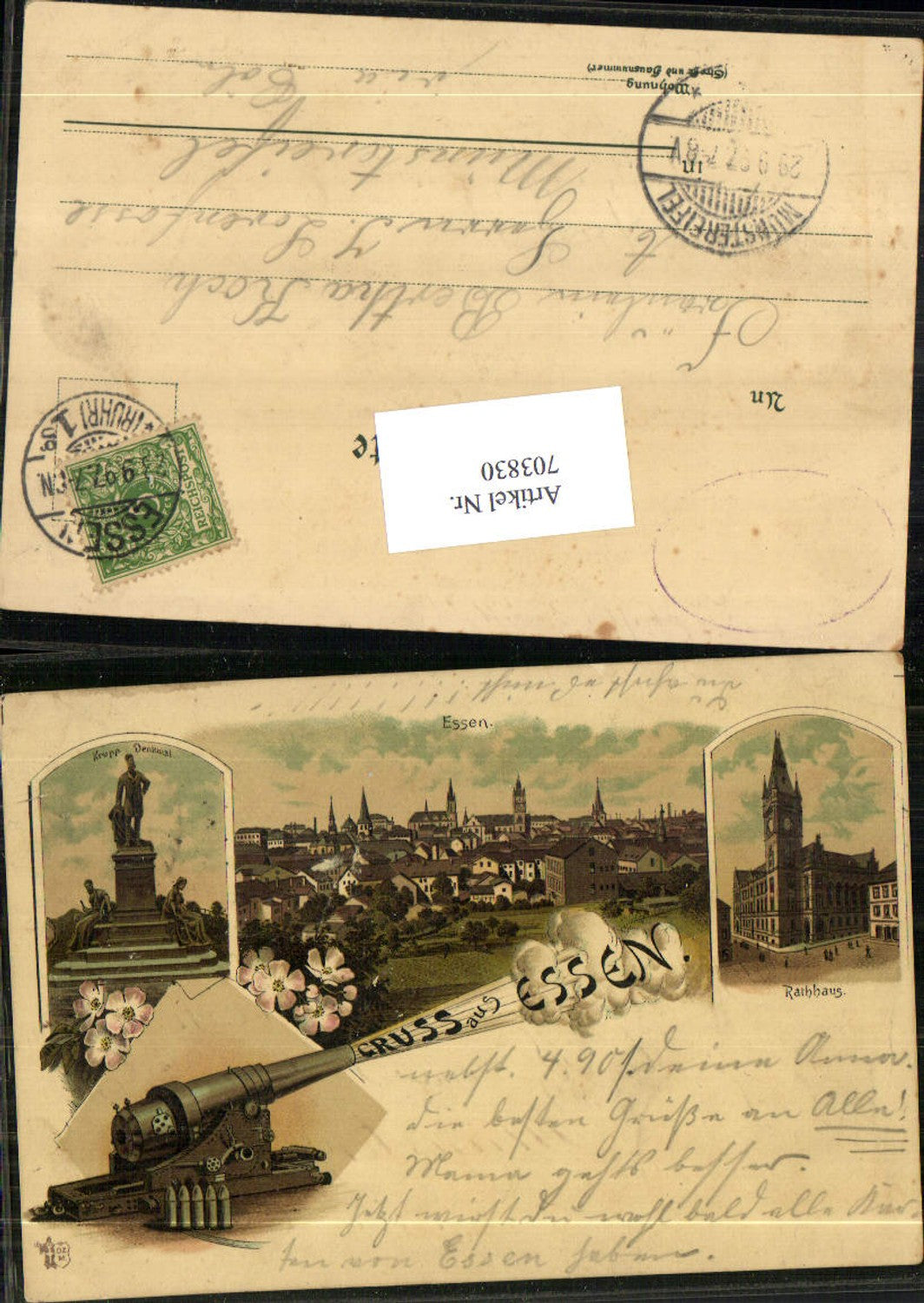 703830 Lithographie Gruss aus Essen Kanone Rathaus pub Zieher Stp. Münstereifel