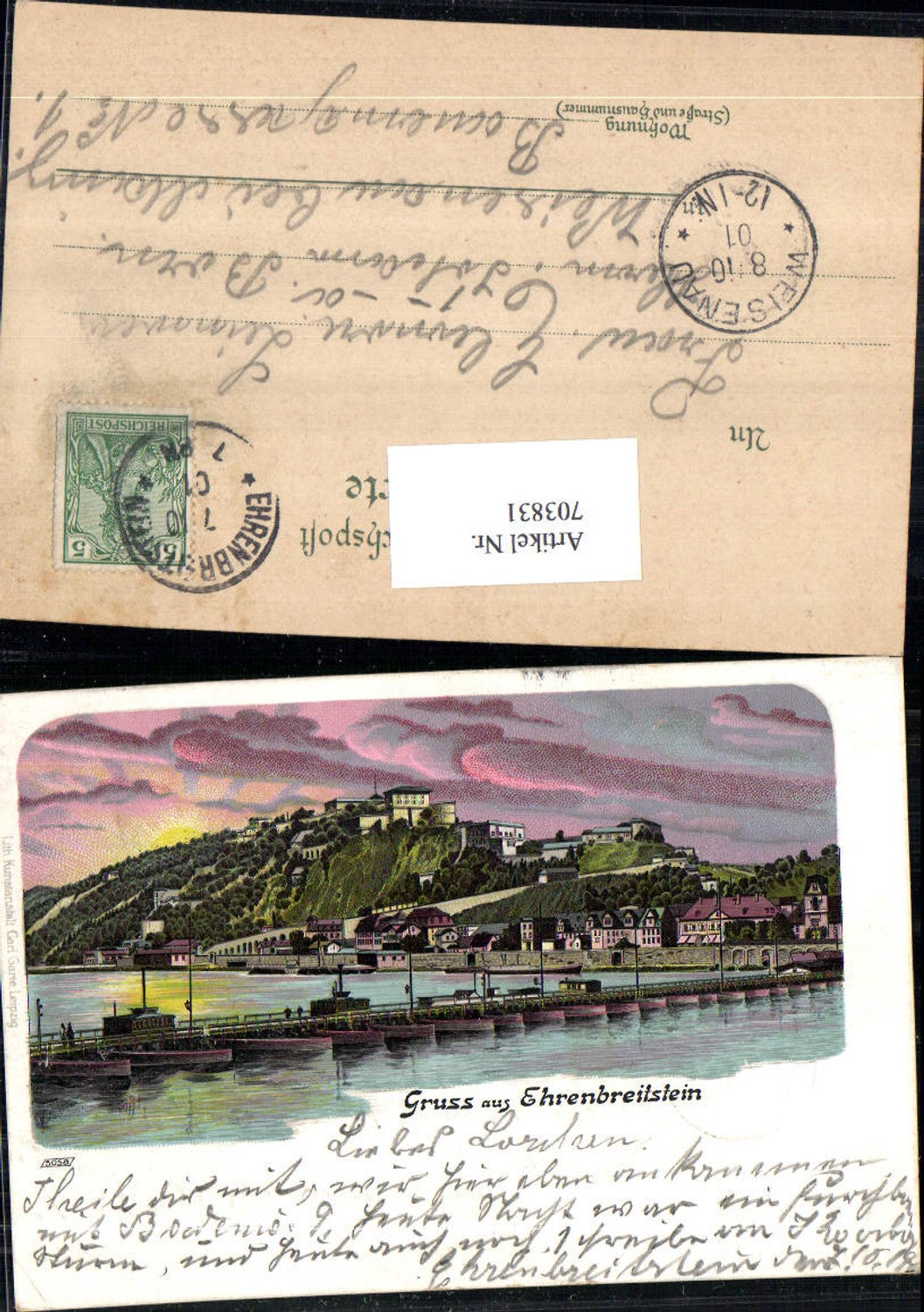 703831 Lithographie Gruss aus Ehrenbreitstein Koblenz Stp. Weisenau b. Mainz