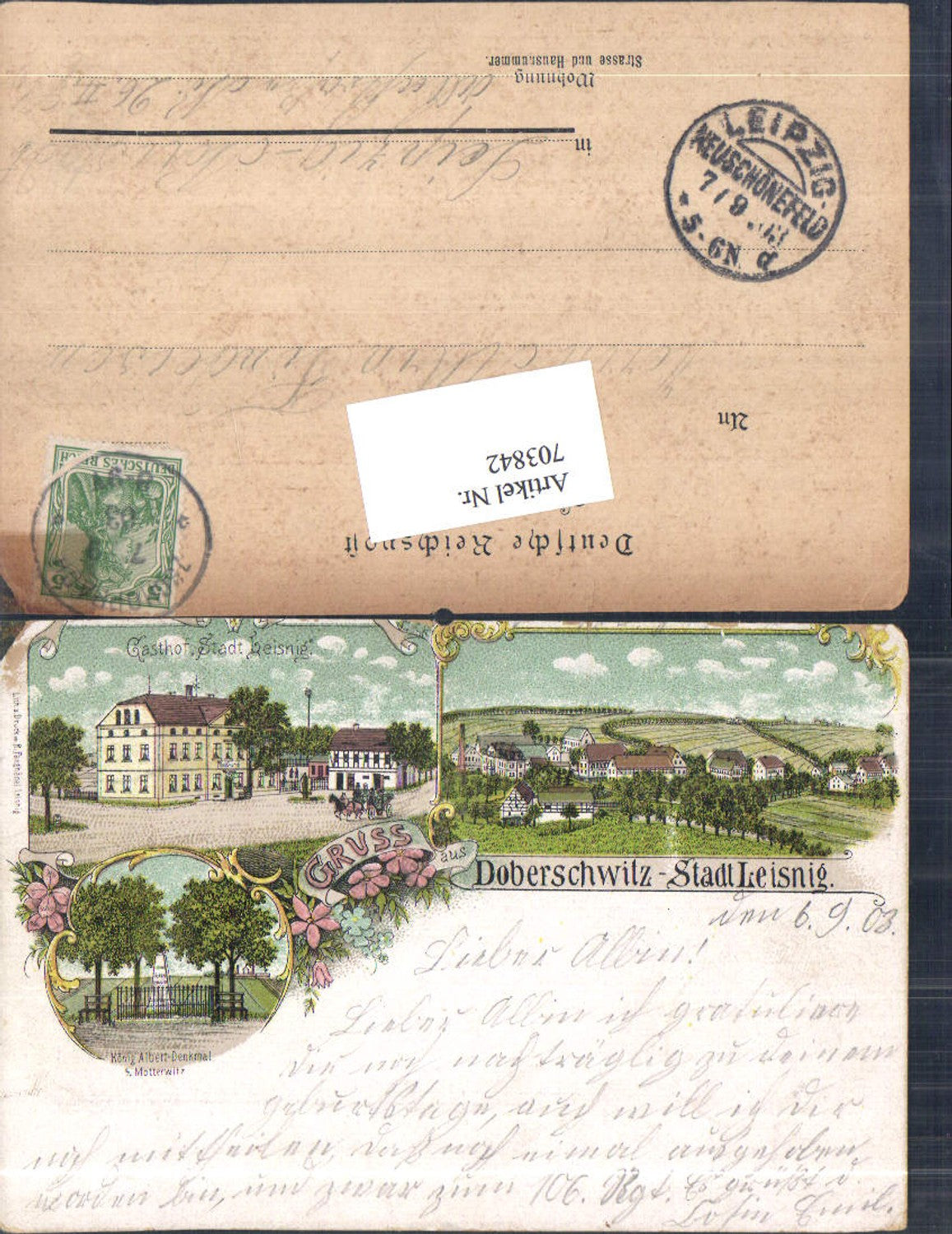 703842 Lithographie Gruss aus Doberschwitz Leisnig Gasthof
