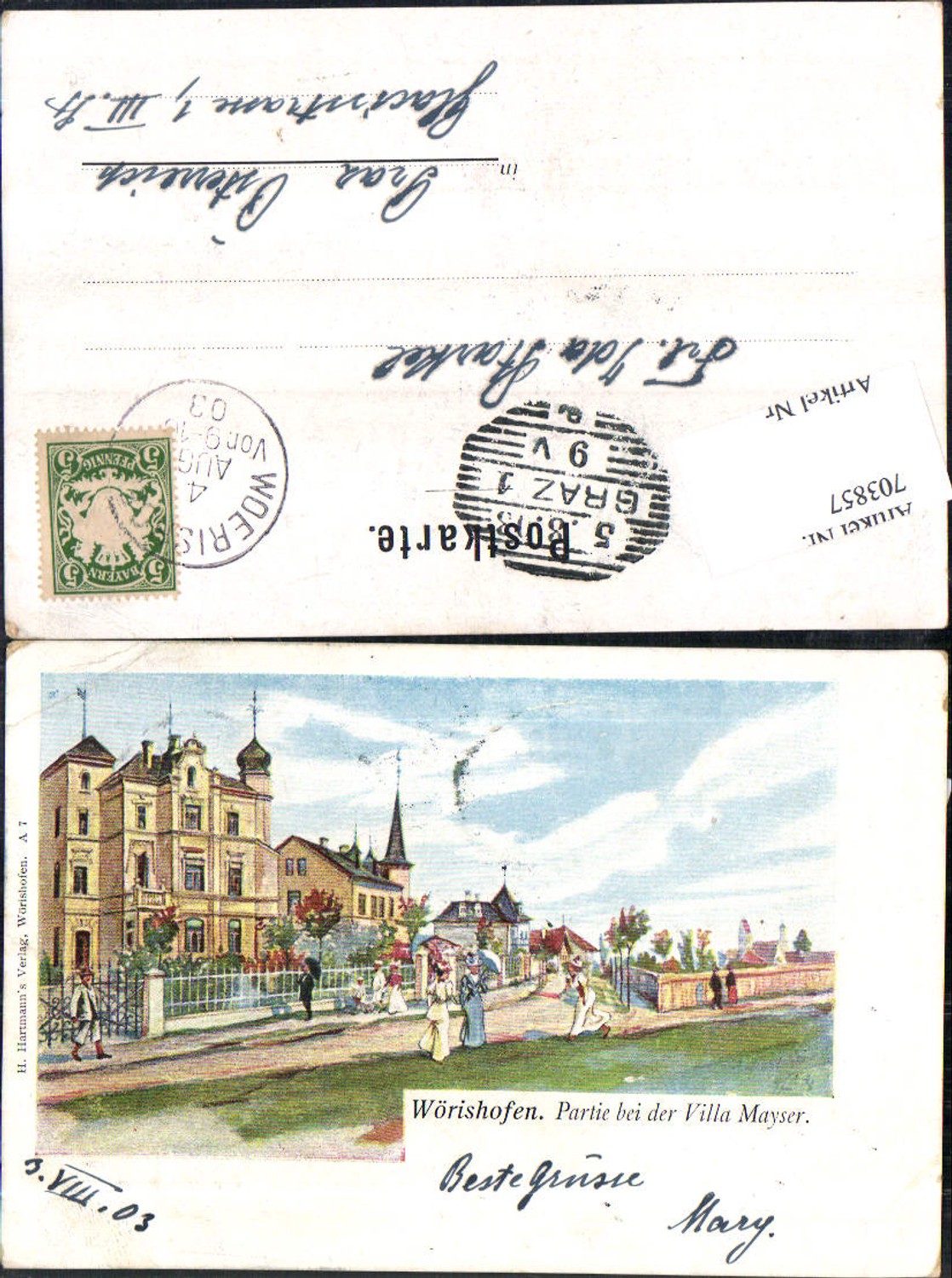703857 Künstler Lithographie Wörishofen Partie bei d. Villa Mayser