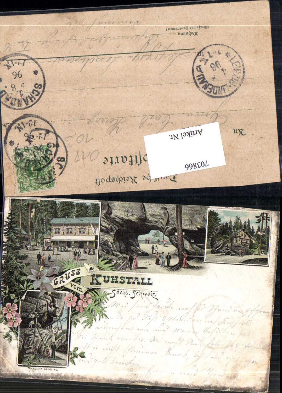 703866 Lithographie Gruss vom Kuhstall Sächsische Schweiz Schandau