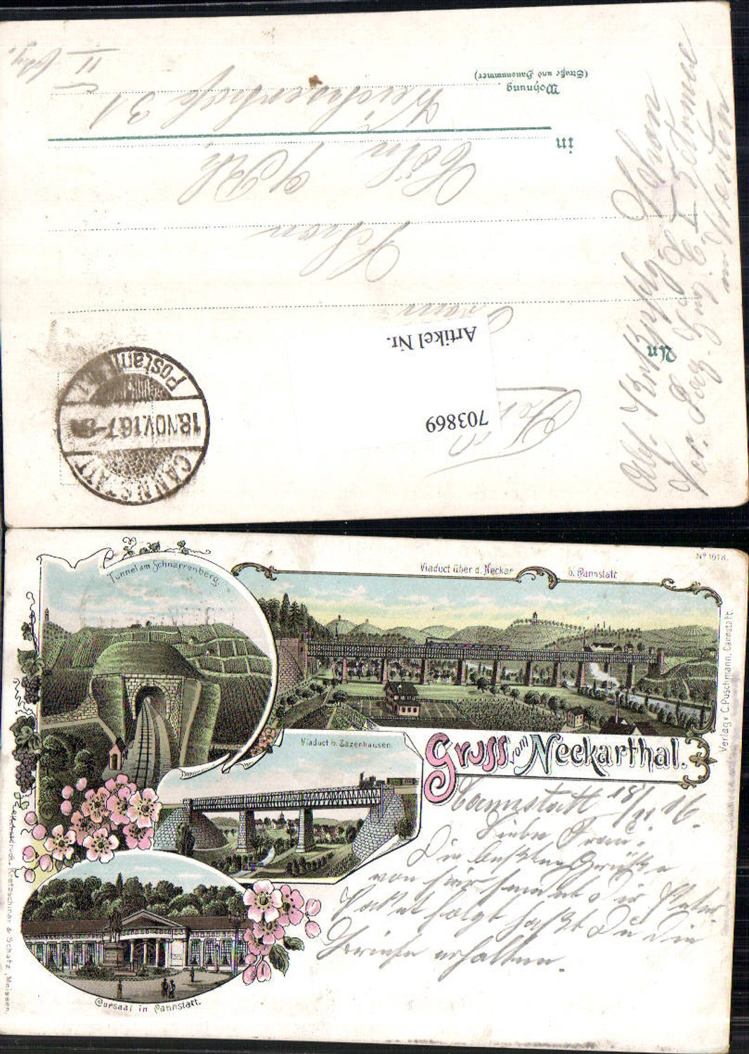 Lithographie Gruss aus Neckarthal Tunnel Schnarrenberg Cannstatt Stuttgart