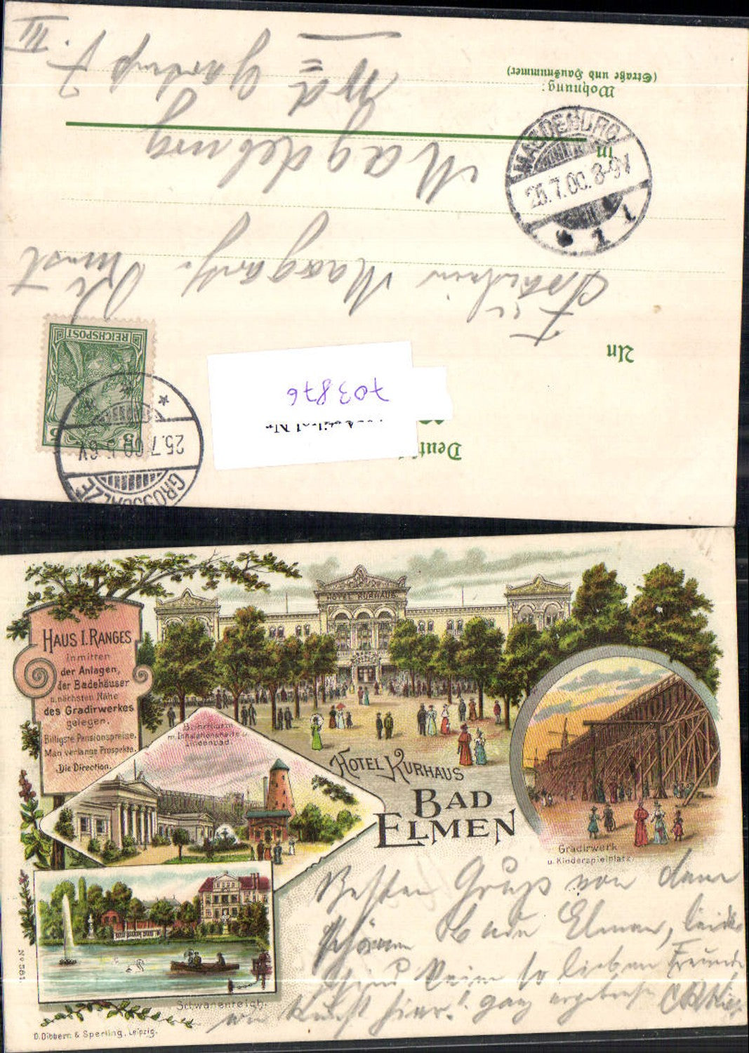 703876 Lithographie Gruss aus Bad Elmen Schönebeck Hotel Gradierwerk Lindenbad