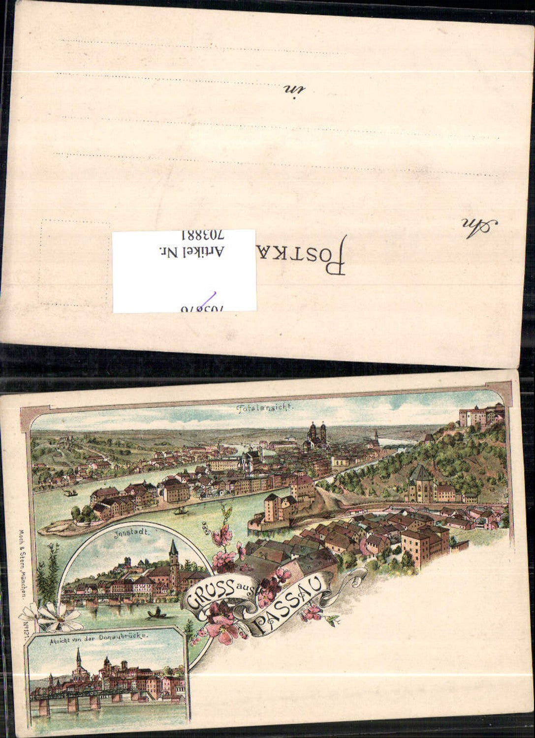 Lithographie Gruss aus Passau Innstadt Donaubrücke Brücke pub Moch & Stern 121