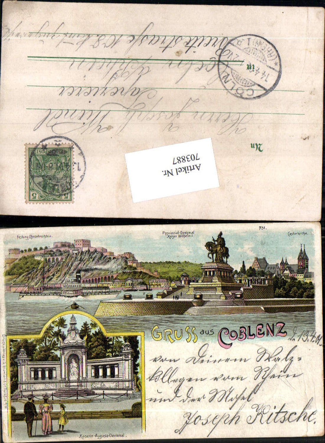 Lithographie Gruss aus Koblenz Coblenz Kaiserin Augusta Denkmal Ehrenbreitstein