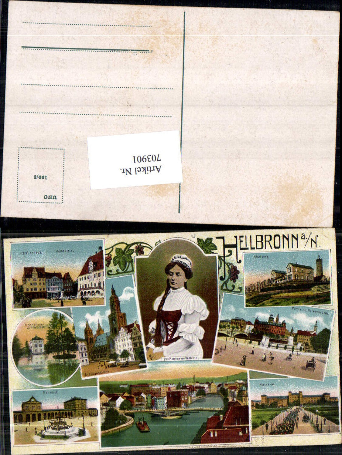 703901 Lithographie Heillbronn am Neckar Wartberg Kaserne Tracht Kätchen