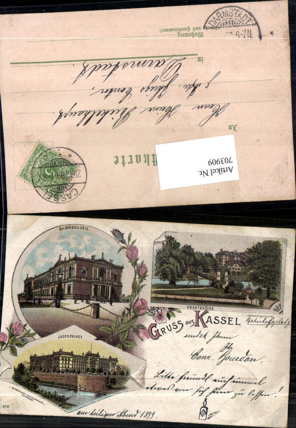 Lithographie Gruss aus Kassel Cassel Justizpalast Drahtbrücke pub Lautz & Isenbeck 2137